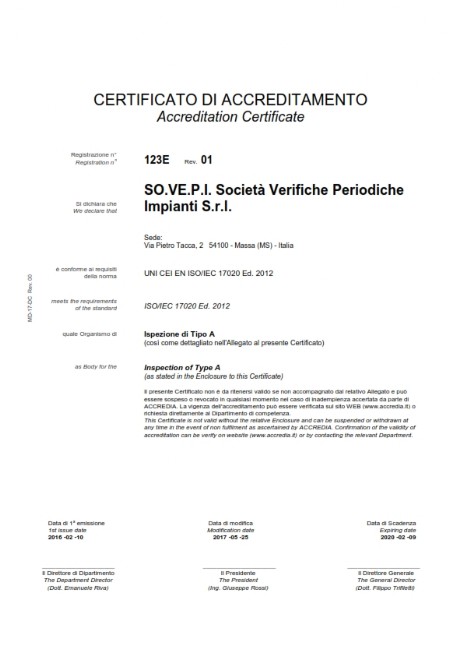 Certificato ACCREDIA di accreditamento per le verifiche di cui al DPR 162/99